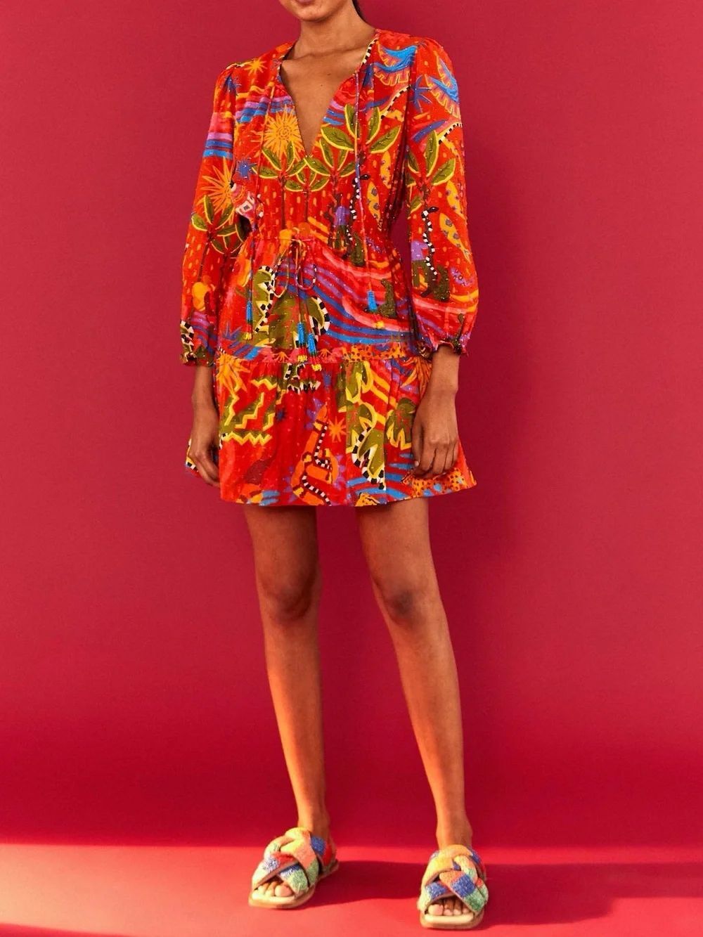 NWT FARM RIO Red Magic Forest V Neck Mini Dress L